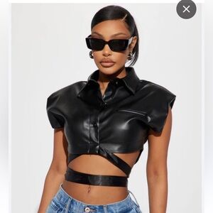Black Faux Leather tie around Crop Top ‘#BeYouTy’ women’s Large
